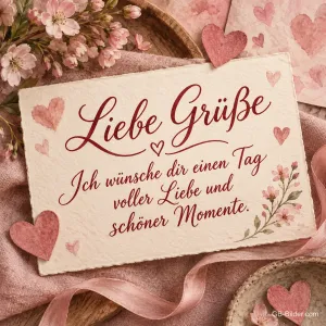 Karte mit Herzen und Blüten, Text: Liebe Grüße