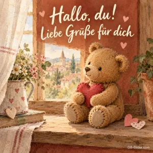 Teddybär mit Herz am Fenster, Text: Hallo, du! Liebe Grüße für dich