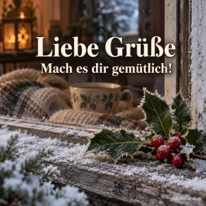 Stechpalme am bereiften Fenster, Text: Liebe Grüße – Mach es dir gemütlich!