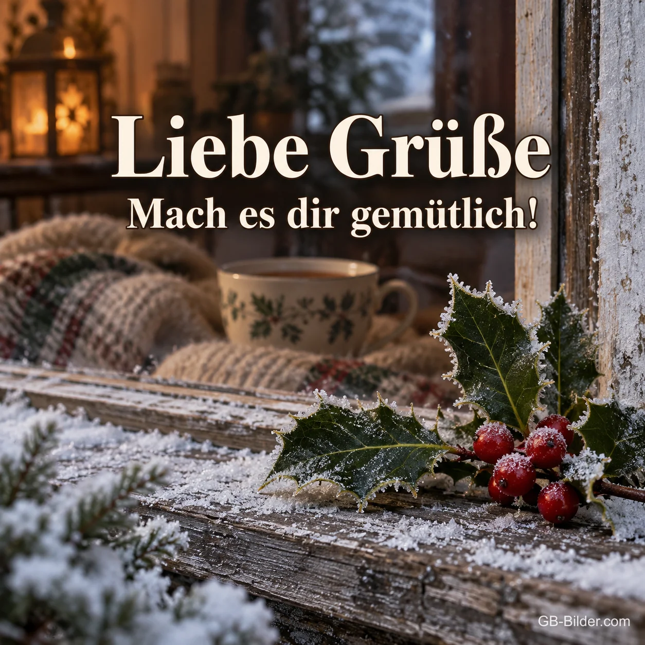Stechpalme am bereiften Fenster, Text: Liebe Grüße – Mach es dir gemütlich! Stechpalme am bereiften Fenster, Text: Liebe Grüße – Mach es dir gemütlich!