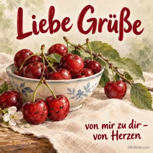 Schale mit Kirschen, Text: Liebe Grüße von mir zu dir – von Herzen