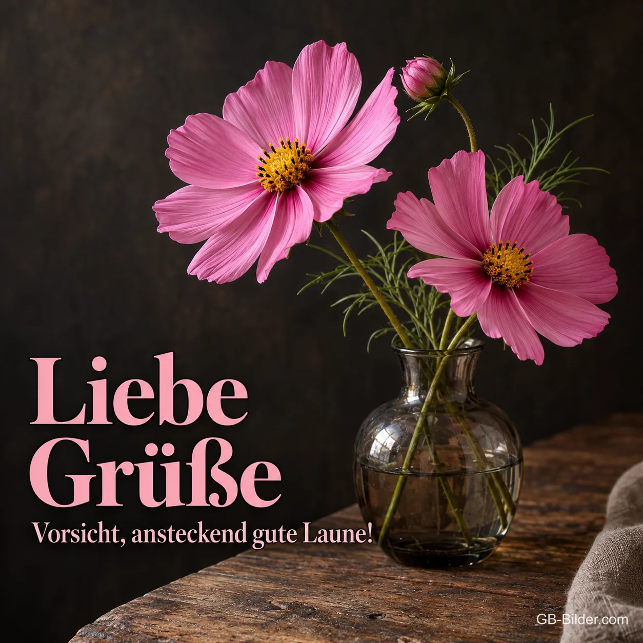 Rosa Schmuckkörbchen in einer Vase, Text: Liebe Grüße – Vorsicht, ansteckend gute Laune! Rosa Schmuckkörbchen in einer Vase, Text: Liebe Grüße – Vorsicht, ansteckend gute Laune!
