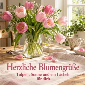 Rosa Tulpen in einer Glasvase, Text: Herzliche Blumengrüße