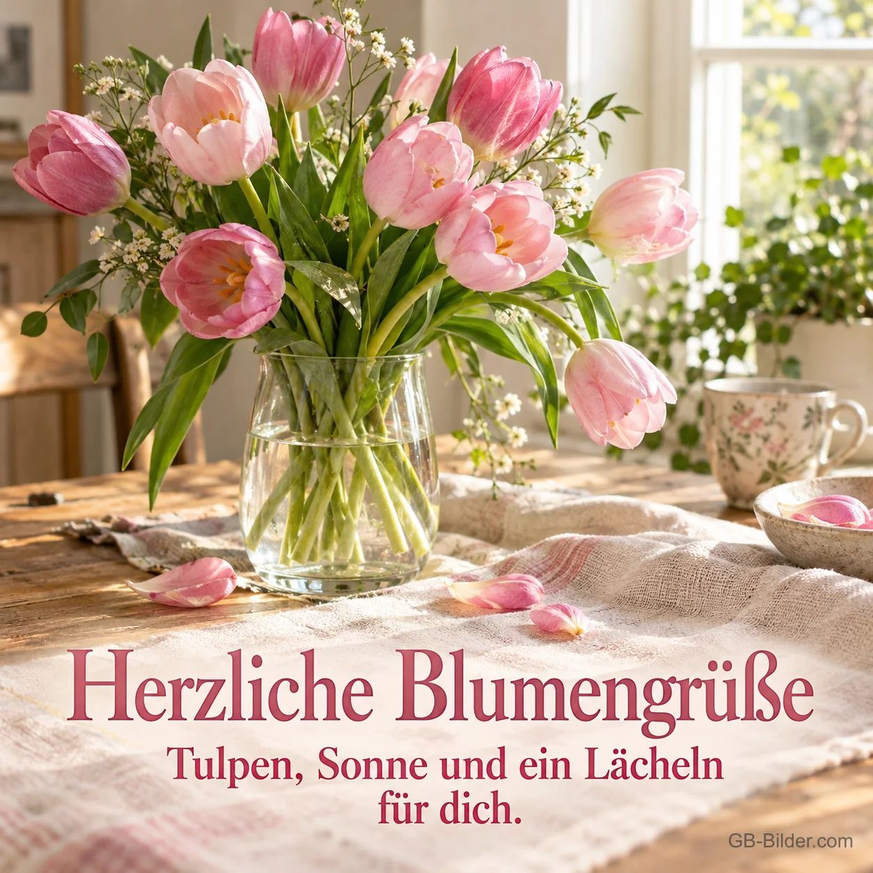 Rosa Tulpen in einer Glasvase, Text: Herzliche Blumengrüße Rosa Tulpen in einer Glasvase, Text: Herzliche Blumengrüße