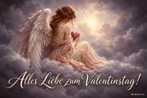Engel mit rotem Herz sitzt auf Wolken, Text: Alles Liebe zum Valentinstag!
