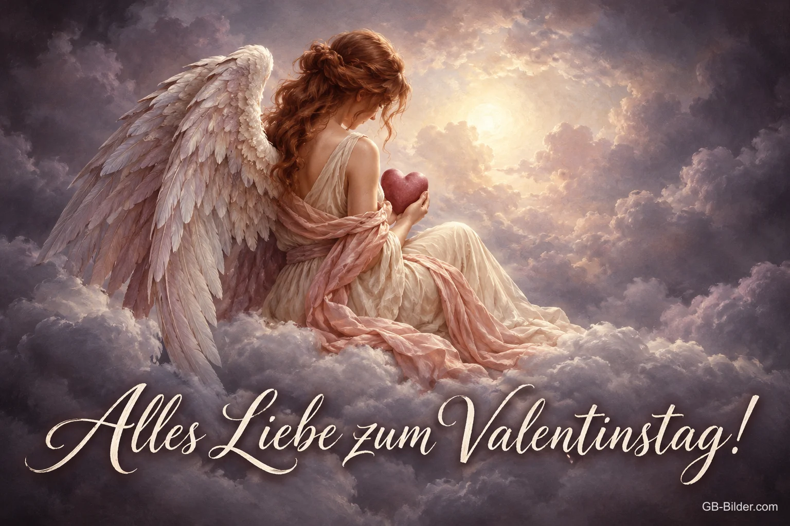 Engel mit rotem Herz sitzt auf Wolken, Text: Alles Liebe zum Valentinstag!