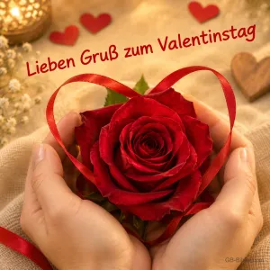 Hände mit roter Rose, Text: Lieben Gruß zum Valentinstag