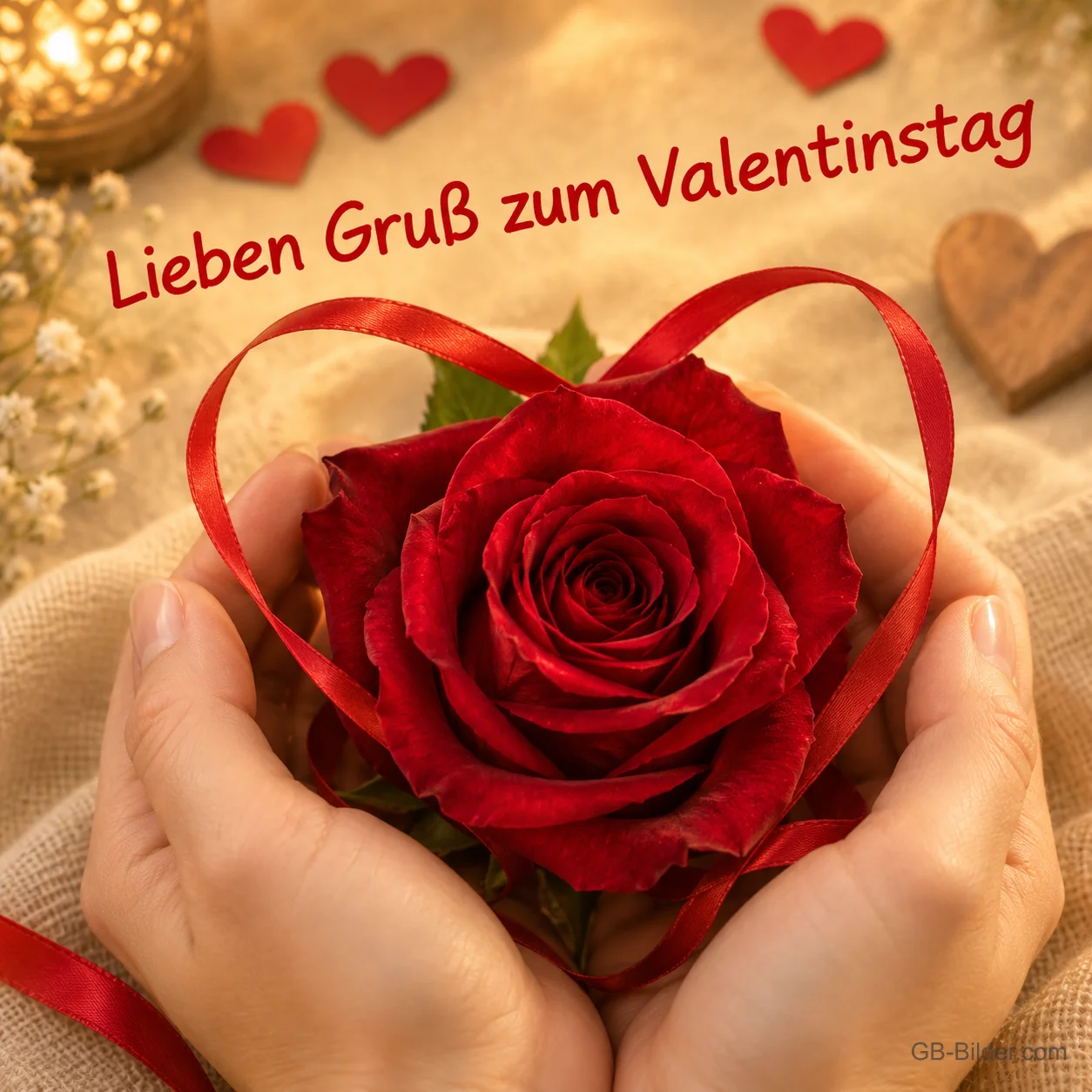 Hände mit roter Rose, Text: Lieben Gruß zum Valentinstag