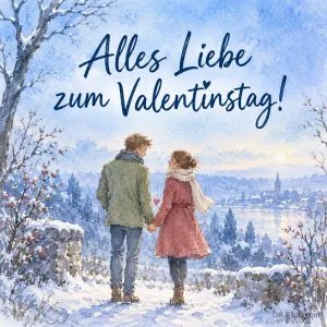 Paar Hand in Hand im Schnee am See, Text: Alles Liebe zum Valentinstag!