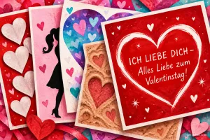 Bunte Valentinskarten mit Herzen und Silhouette einer Frau, Text: ICH LIEBE DICH – Alles Liebe zum Valentinstag!