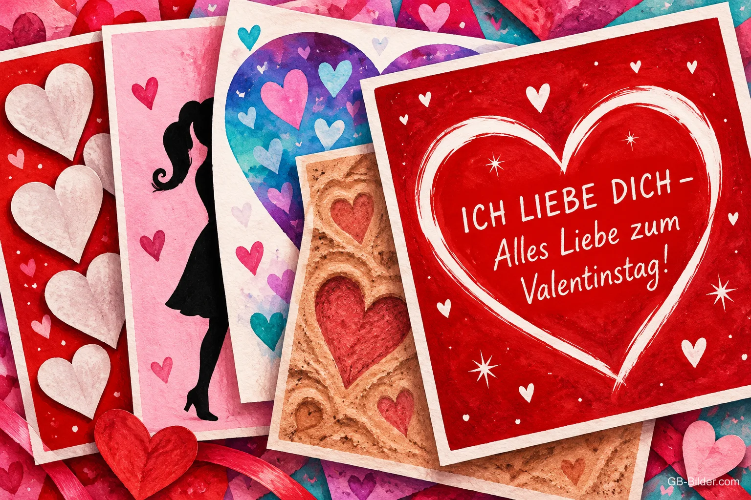 Bunte Valentinskarten mit Herzen und Silhouette einer Frau, Text: ICH LIEBE DICH – Alles Liebe zum Valentinstag!