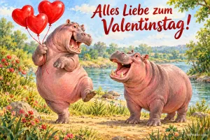 Zwei lachende Nilpferde mit Herzluftballons am Fluss, Text: Alles Liebe zum Valentinstag!