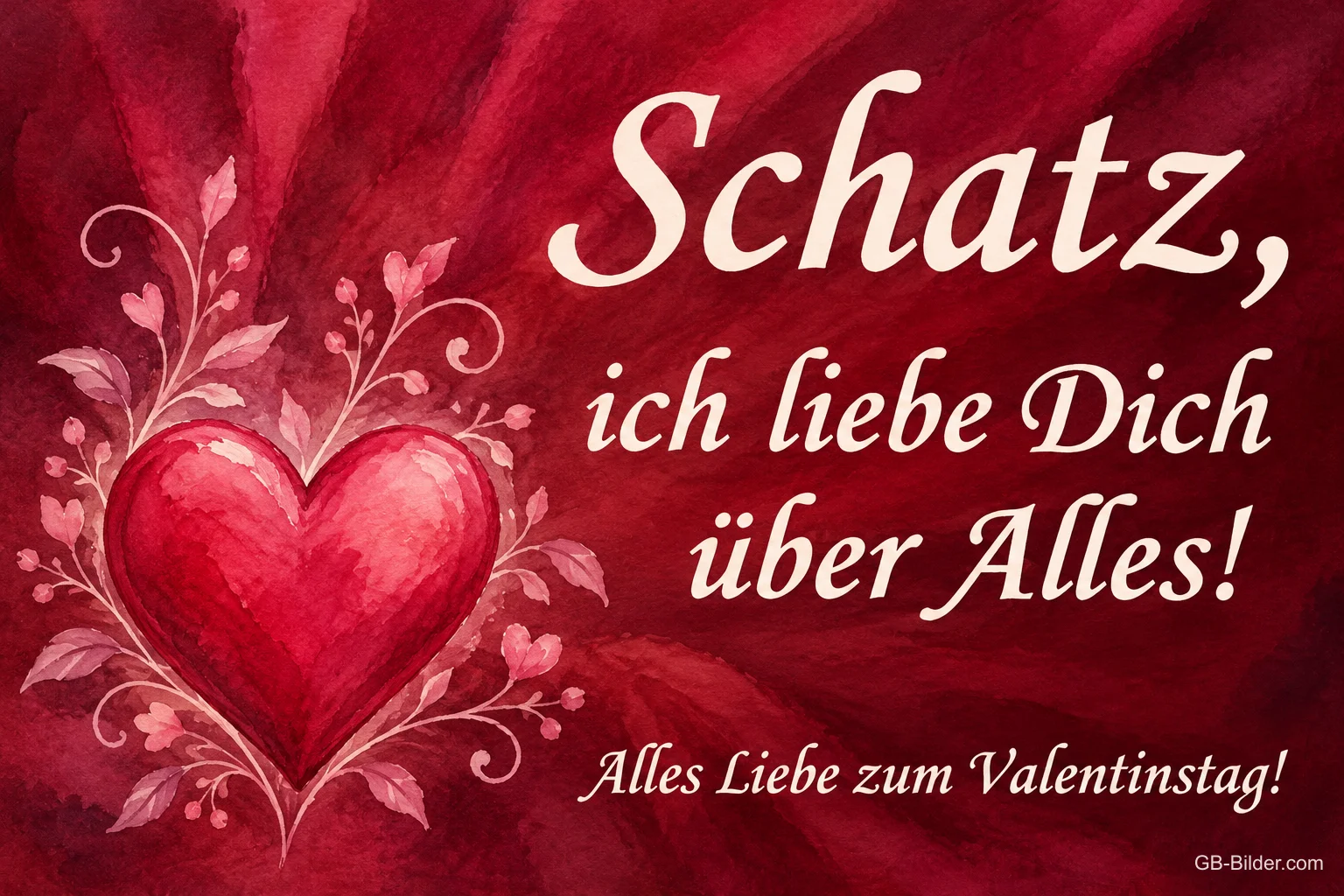 Rotes Herz mit Ranken auf dunkelrotem Grund, Text: Schatz, ich liebe dich über alles! Alles Liebe zum Valentinstag!