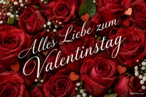Rote Rosen mit kleinen Herzen, Text: Alles Liebe zum Valentinstag
