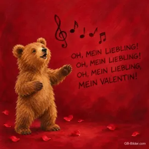 Singendes Bärenjunges mit Noten auf rotem Grund, Text: Oh, mein Liebling, mein Valentin!