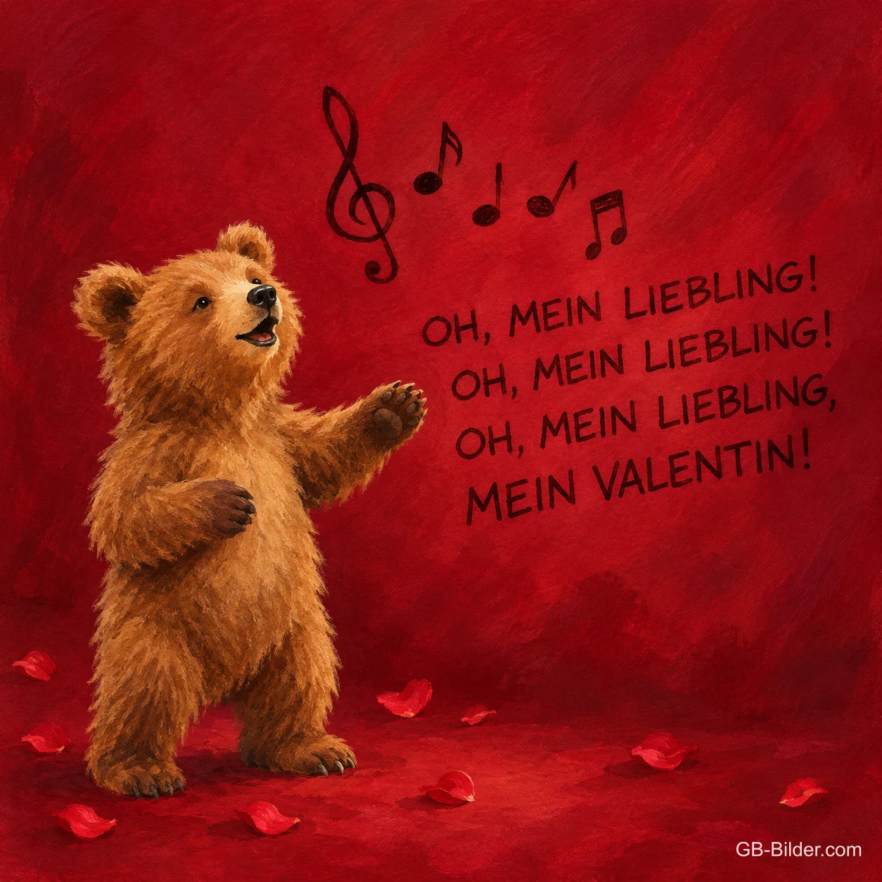 Singendes Bärenjunges mit Noten auf rotem Grund, Text: Oh, mein Liebling, mein Valentin!
