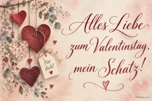 Herzen an Zweigen in Aquarell, Text: Alles Liebe zum Valentinstag, mein Schatz!