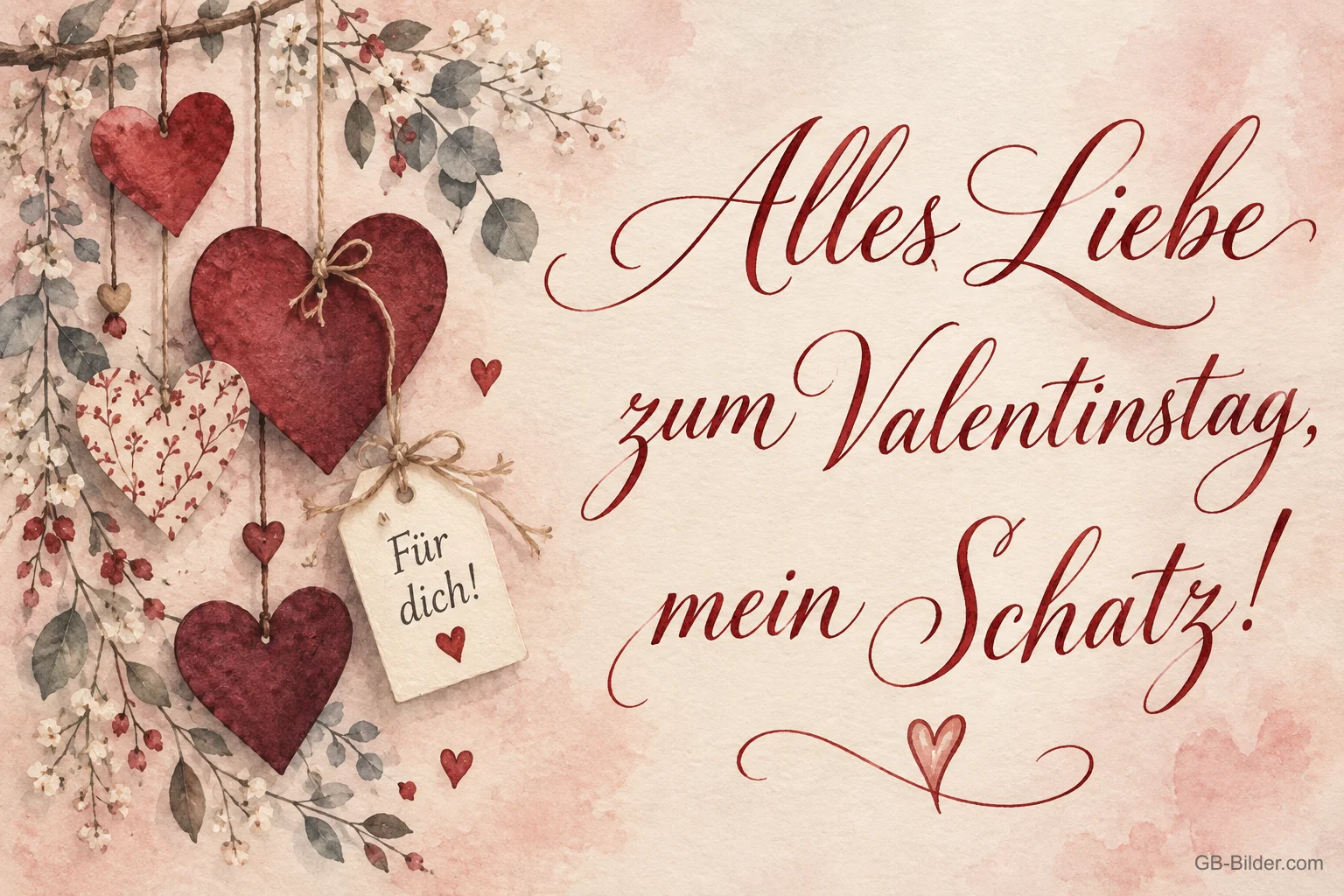 Herzen an Zweigen in Aquarell, Text: Alles Liebe zum Valentinstag, mein Schatz!