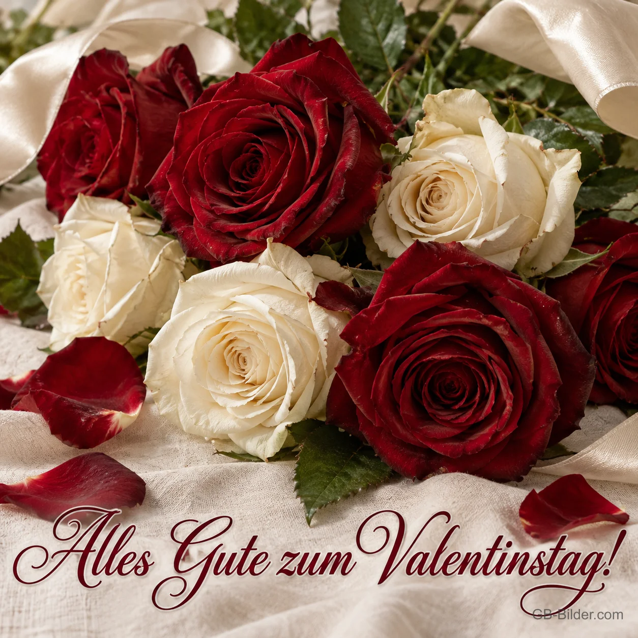 Rote und weiße Rosen auf Seide, Text: Alles Gute zum Valentinstag!