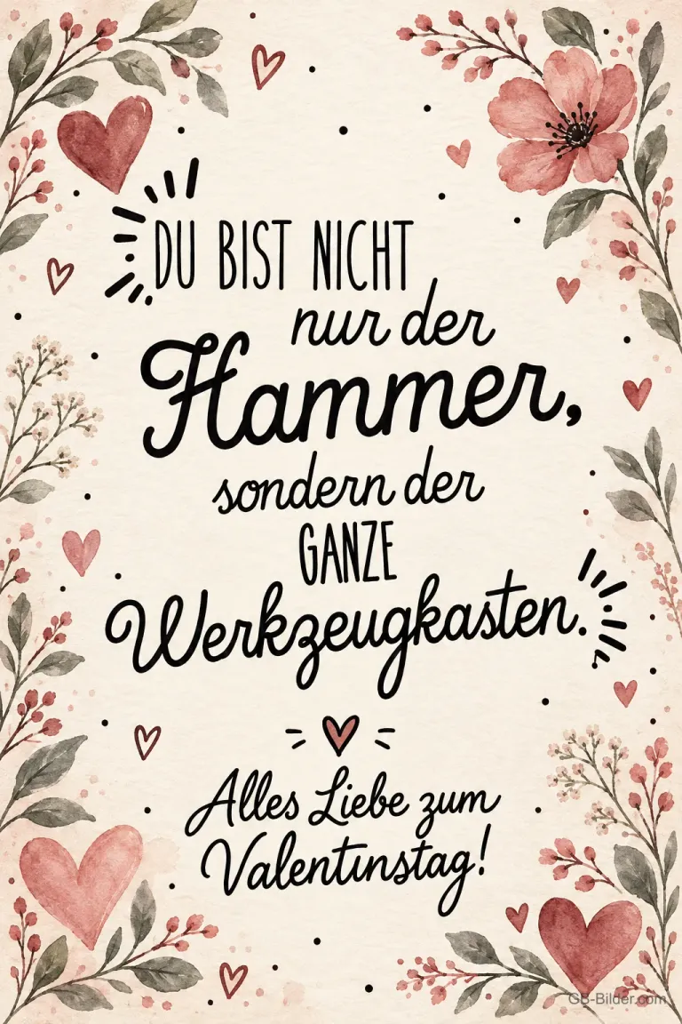 Schrift mit gemalten Blüten und Herzen, Spruch: Du bist nicht nur der Hammer, sondern der ganze Werkzeugkasten.