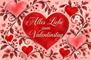 Rotes Herz mit Blumenranken, Text: Alles Liebe zum Valentinstag