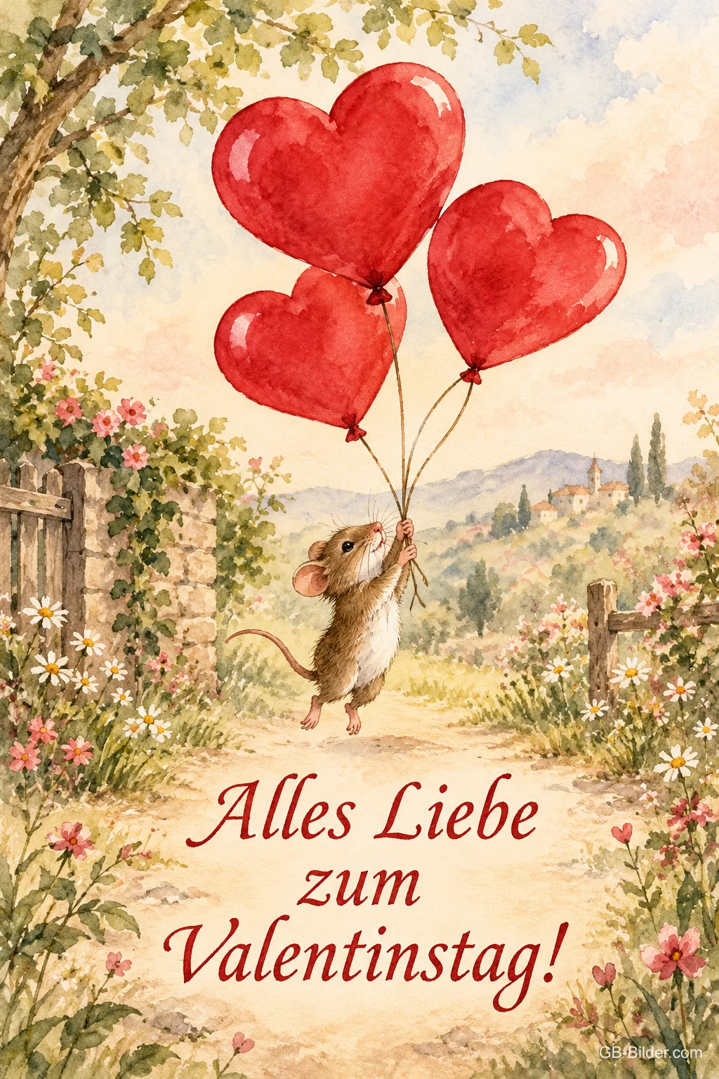 Maus mit Herzluftballons, Text: Alles Liebe zum Valentinstag!