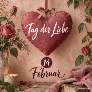 Stoffherz mit Rosen, Text: Tag der Liebe – 14. Februar