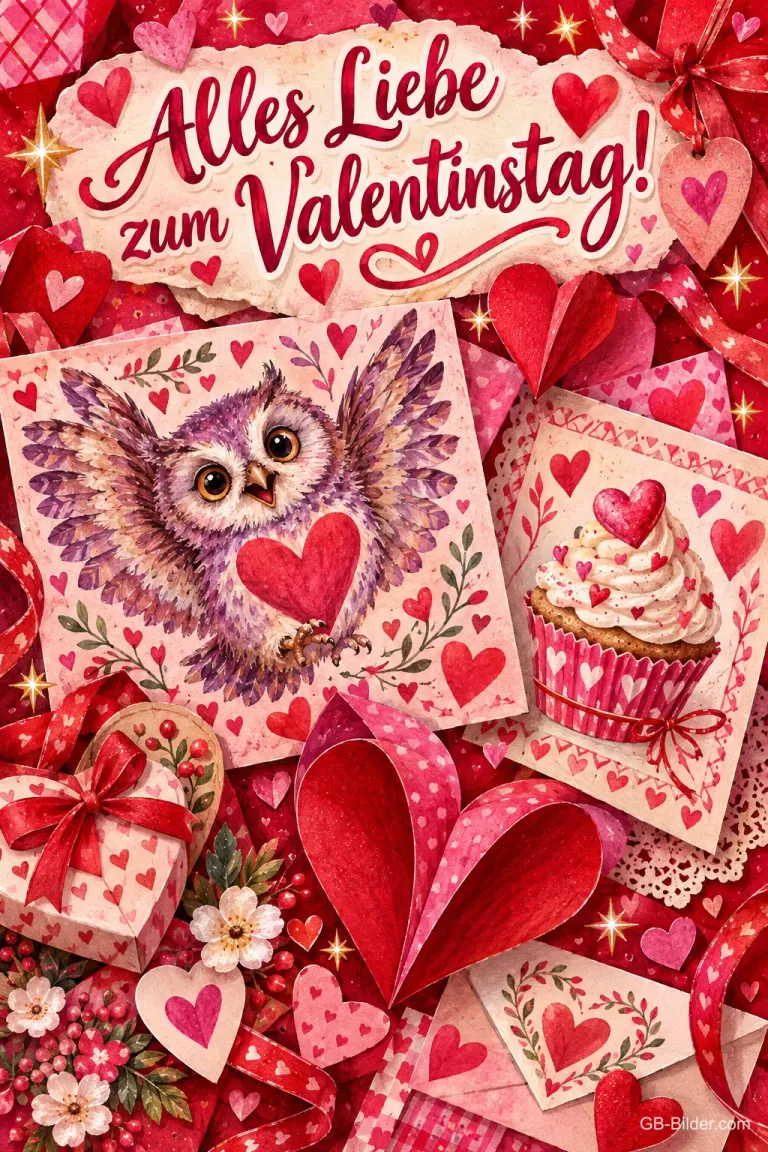 Eule mit Herz, Cupcake und Herzkarten auf rotem Grund, Text: Alles Liebe zum Valentinstag!