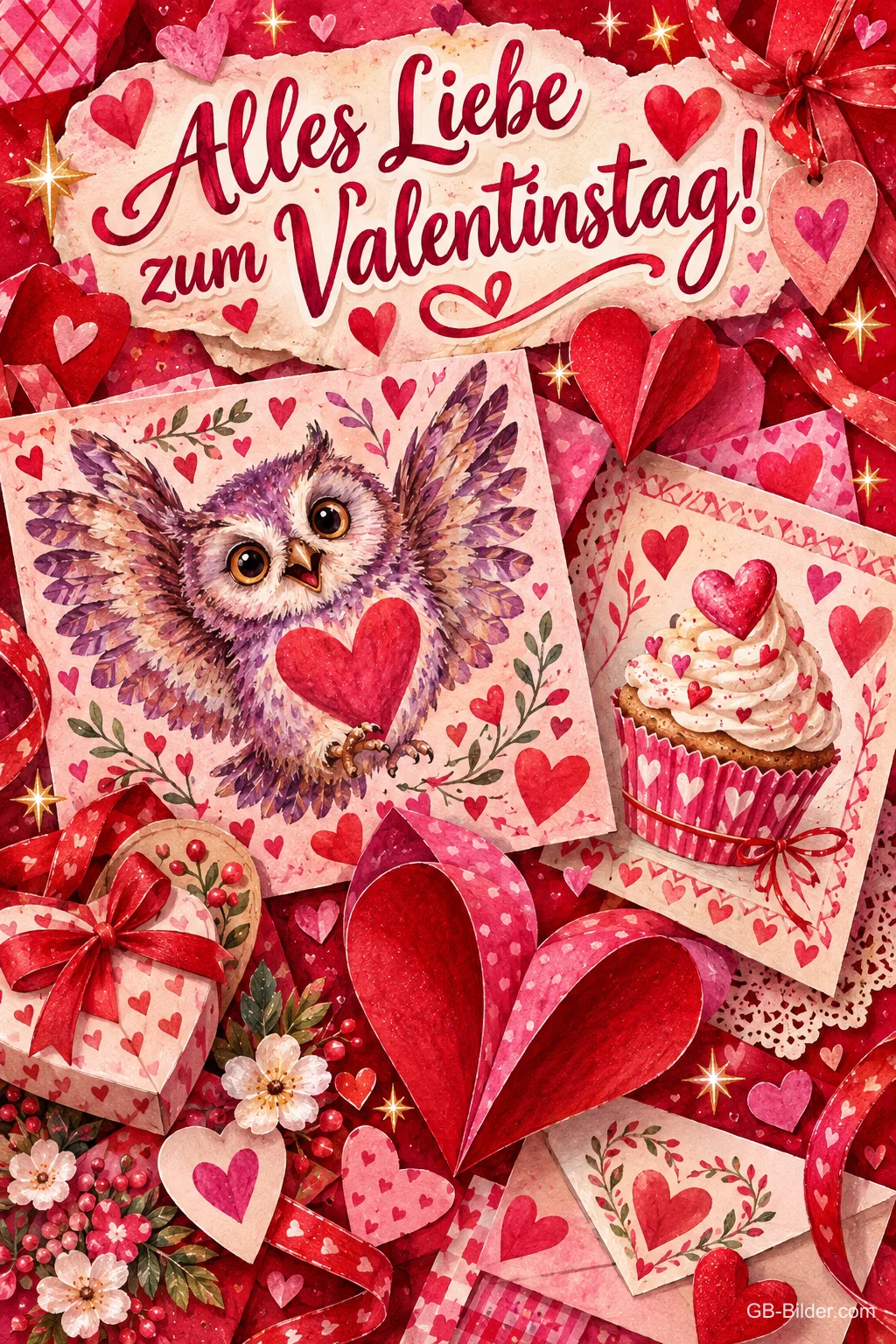 Eule mit Herz, Cupcake und Herzkarten auf rotem Grund, Text: Alles Liebe zum Valentinstag!