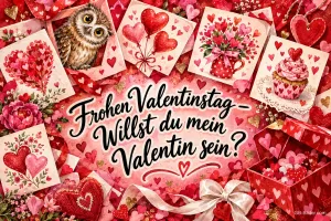 Karten mit Herzen, Blumen, Cupcake und Eule um eine Schriftfläche, Text: Frohen Valentinstag – Willst du mein Valentin sein?