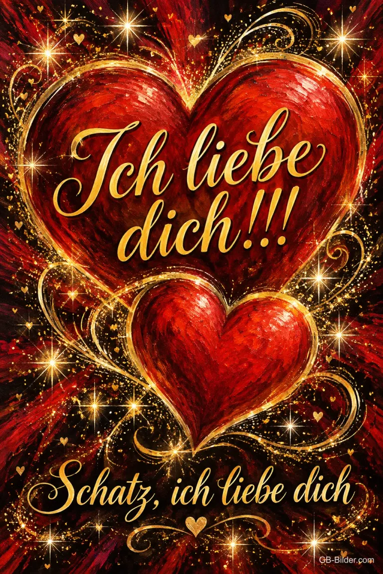 Zwei funkelnde rote Herzen mit goldenen Ornamenten, Text: Ich liebe dich!!! Schatz, ich liebe dich