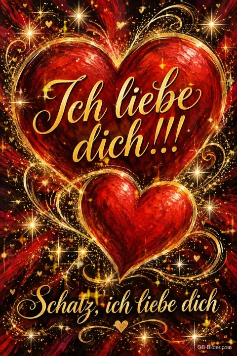 Zwei funkelnde rote Herzen mit goldenen Ornamenten, Text: Ich liebe dich!!! Schatz, ich liebe dich