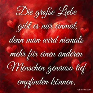 Rote Herzen auf rotem Hintergrund, Text: Die große Liebe gibt es nur einmal, denn man wird niemals mehr für einen anderen Menschen genauso tief empfinden können.