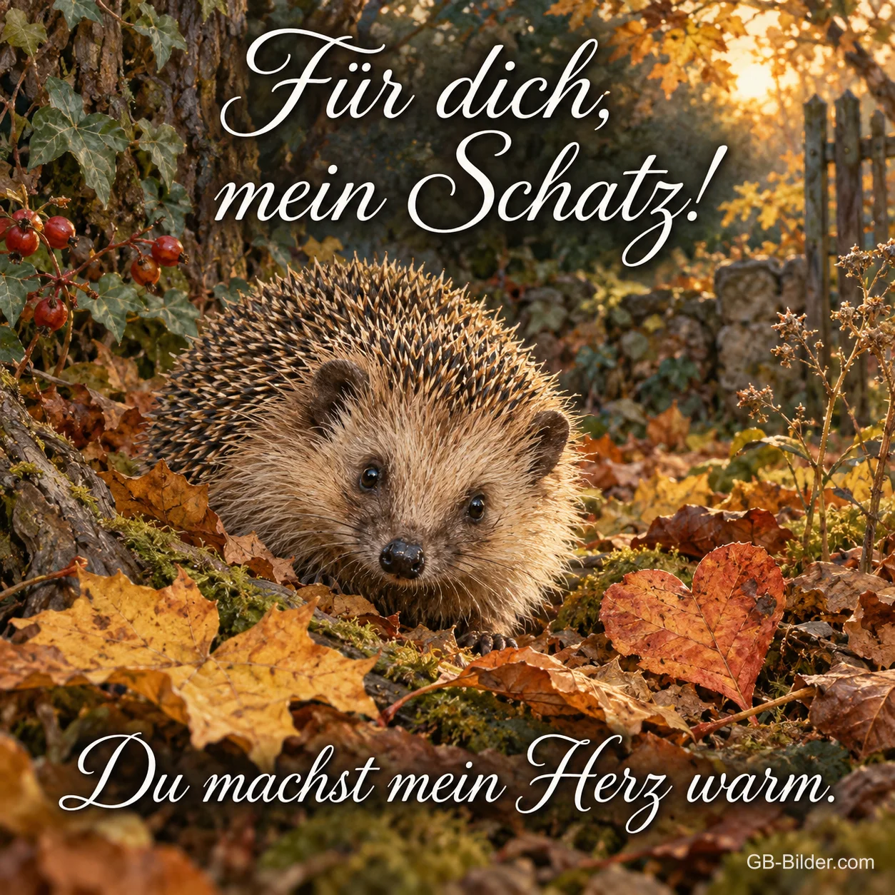 Igel im Herbstlaub neben einem herzförmigen Blatt, Text: Für dich, mein Schatz! Du machst mein Herz warm.