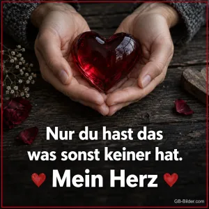 Hände halten ein rotes Glasherz, Text: Nur du hast das was sonst keiner hat. Mein Herz