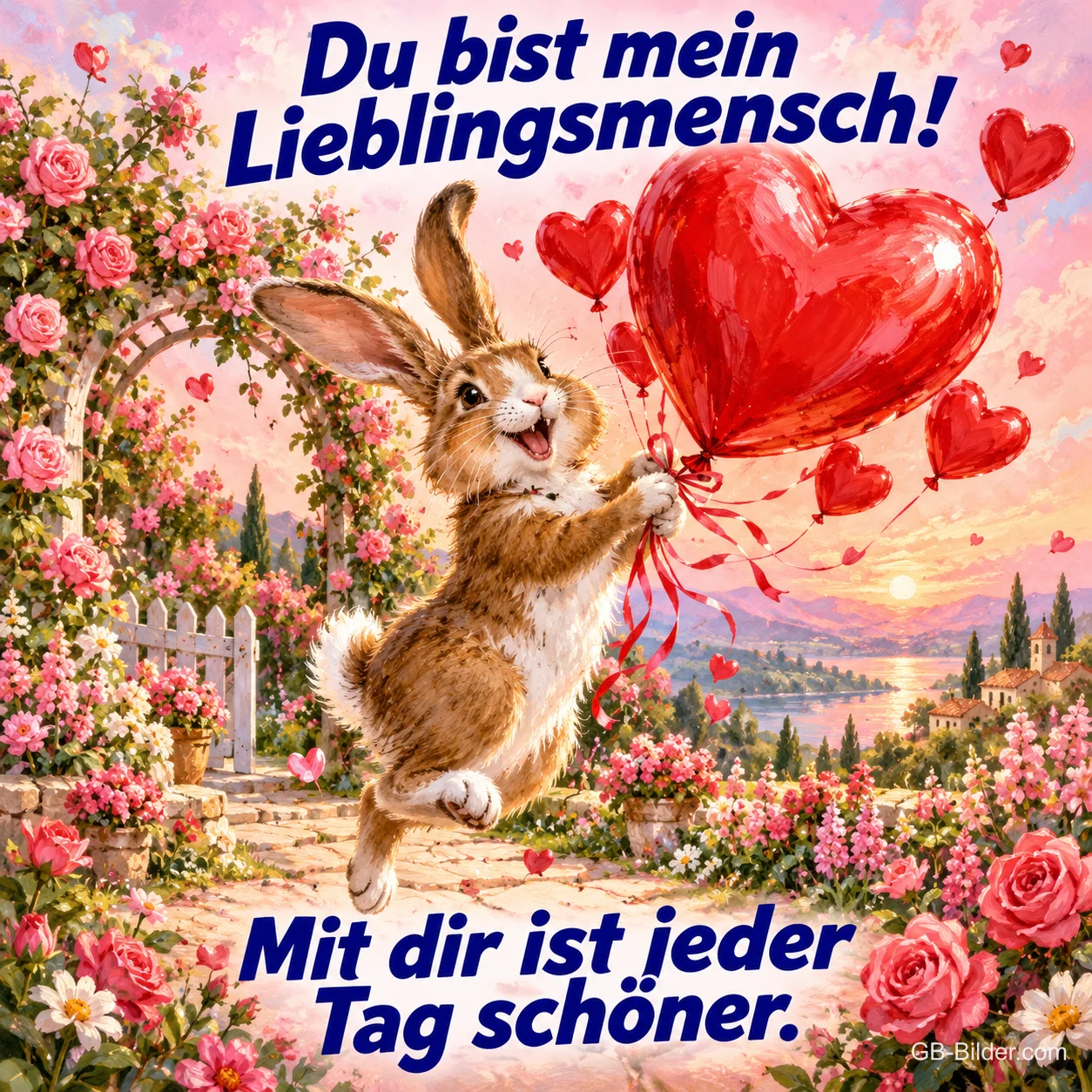 Hase springt mit roten Herzluftballons durch einen Rosengarten, Text: Du bist mein Lieblingsmensch! Mit dir ist jeder Tag schöner.