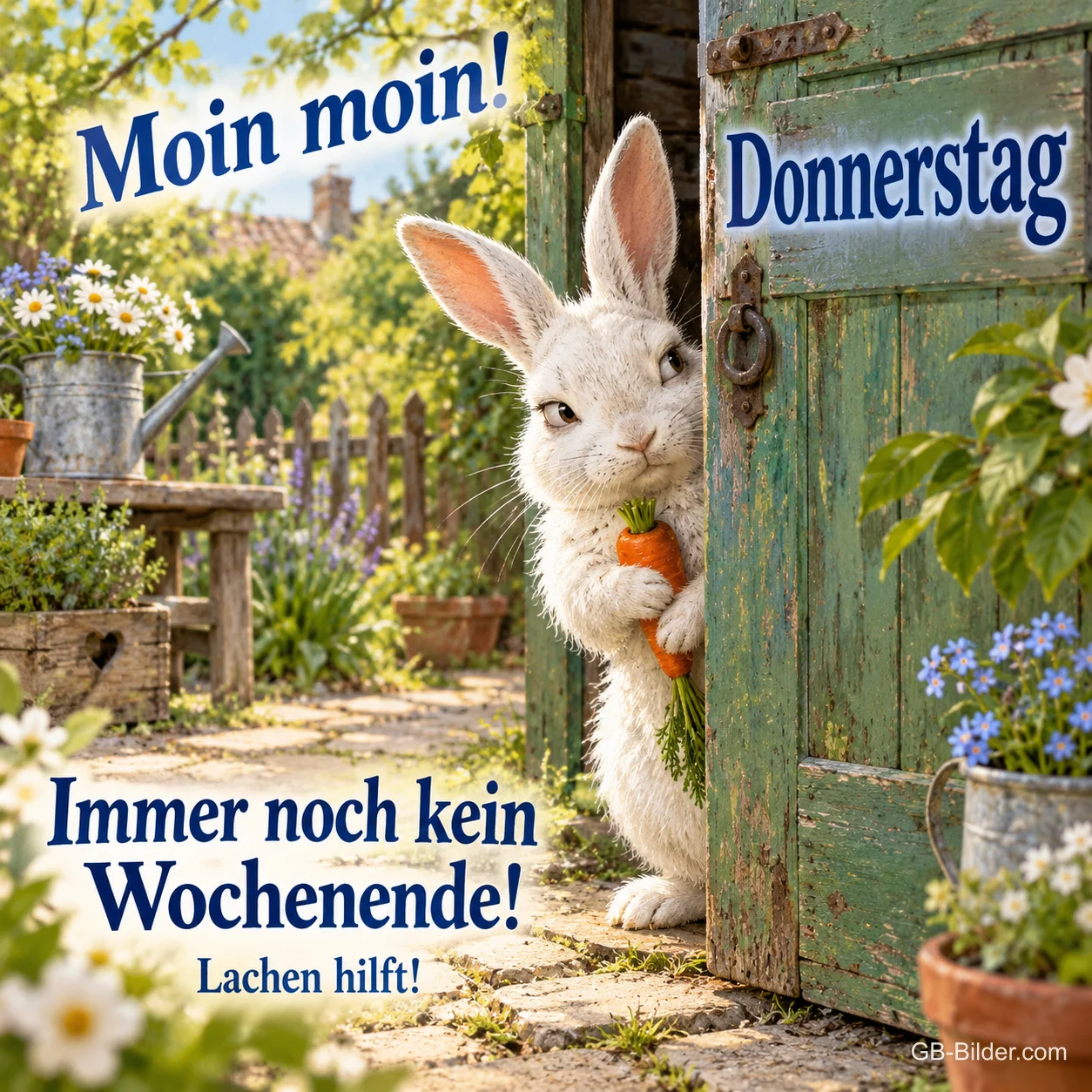 Hase mit Möhre schaut grimmig hinter einer Gartentür hervor, Text: Moin moin! Donnerstag – Immer noch kein Wochenende! Lachen hilft!