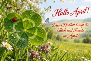 Vierblättriges Kleeblatt mit Marienkäfer auf einer Wiese, Text: Hallo April! – Dieses Kleeblatt bringt dir Glück und Freude im April!