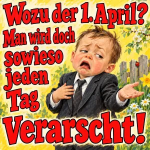 Kleinkind im Anzug zuckt jammernd mit den Schultern, Text: Wozu der 1. April? Man wird doch sowieso jeden Tag verarscht!