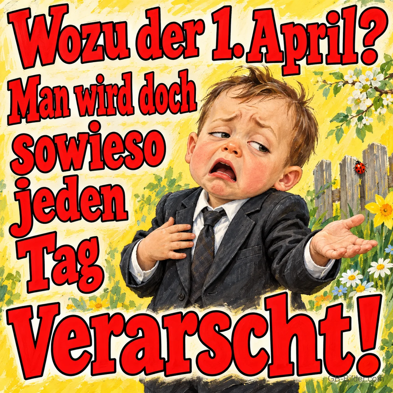 Kleinkind im Anzug zuckt jammernd mit den Schultern, Text: Wozu der 1. April? Man wird doch sowieso jeden Tag verarscht!
