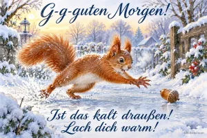 Eichhörnchen rutscht übers Eis nach einer Eichel, Text: G-g-guten Morgen! – Ist das kalt draußen! Lach dich warm!