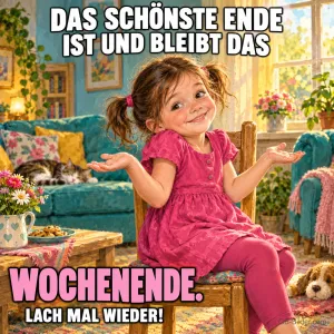 Mädchen im rosa Kleid zuckt verschmitzt mit den Schultern im Wohnzimmer, Text: DAS SCHÖNSTE ENDE IST UND BLEIBT DAS WOCHENENDE. – LACH MAL WIEDER!
