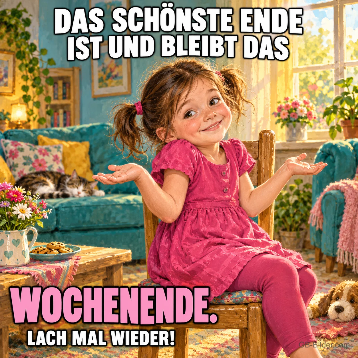 Mädchen im rosa Kleid zuckt verschmitzt mit den Schultern im Wohnzimmer, Text: DAS SCHÖNSTE ENDE IST UND BLEIBT DAS WOCHENENDE. – LACH MAL WIEDER!