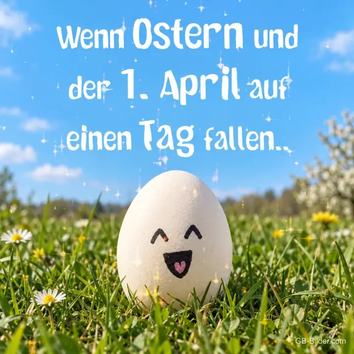Weißes Ei mit lachendem Gesicht auf einer Wiese, Text: Wenn Ostern und der 1. April auf einen Tag fallen..