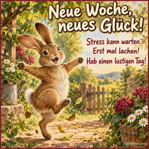 Hase tanzt fröhlich durch einen Bauerngarten, Text: Neue Woche, neues Glück! – Stress kann warten. Erst mal lachen! Hab einen lustigen Tag!