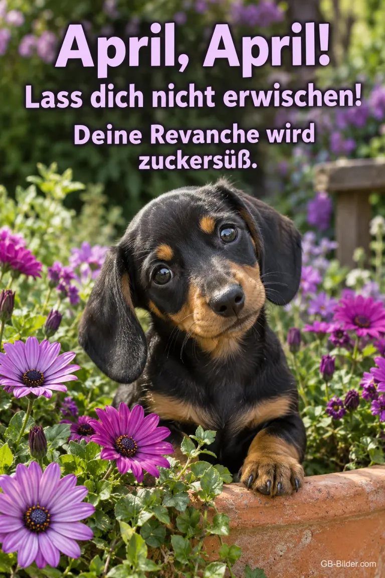 Dackelwelpe schaut aus einem Blumentopf, Text: April, April! – Lass dich nicht erwischen! Deine Revanche wird zuckersüß.