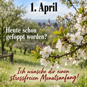 Kirschblütenzweig über einem Frühlingstal, Text: 1. April – Heute schon gefoppt worden? – Norbert van Tiggelen – Ich wünsche dir einen stressfreien Monatsanfang!