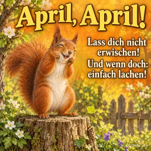 Eichhörnchen lacht auf einem Baumstumpf, Text: April, April! – Lass dich nicht erwischen! Und wenn doch: einfach lachen!
