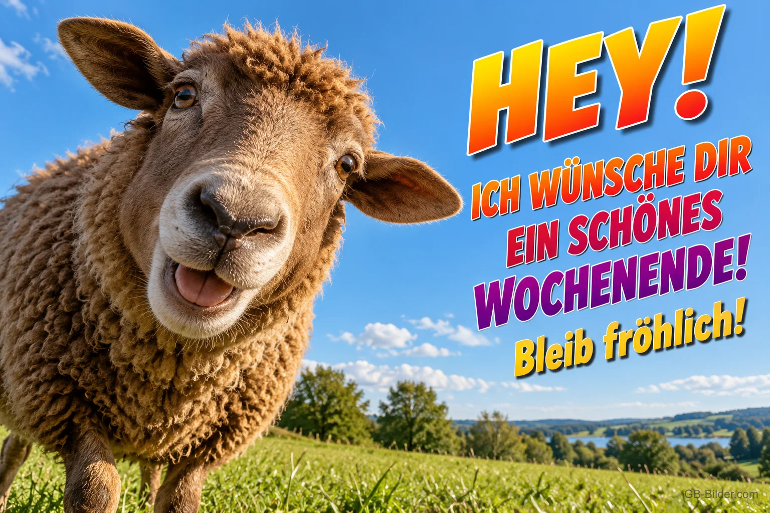 Neugieriges Schaf schaut lachend in die Kamera, Text: HEY! – ICH WÜNSCHE DIR EIN SCHÖNES WOCHENENDE! Bleib fröhlich!