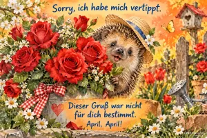 Igel mit Strohhut zwischen roten Rosen im Garten, Text: Sorry, ich habe mich vertippt. – Dieser Gruß war nicht für dich bestimmt. April, April!